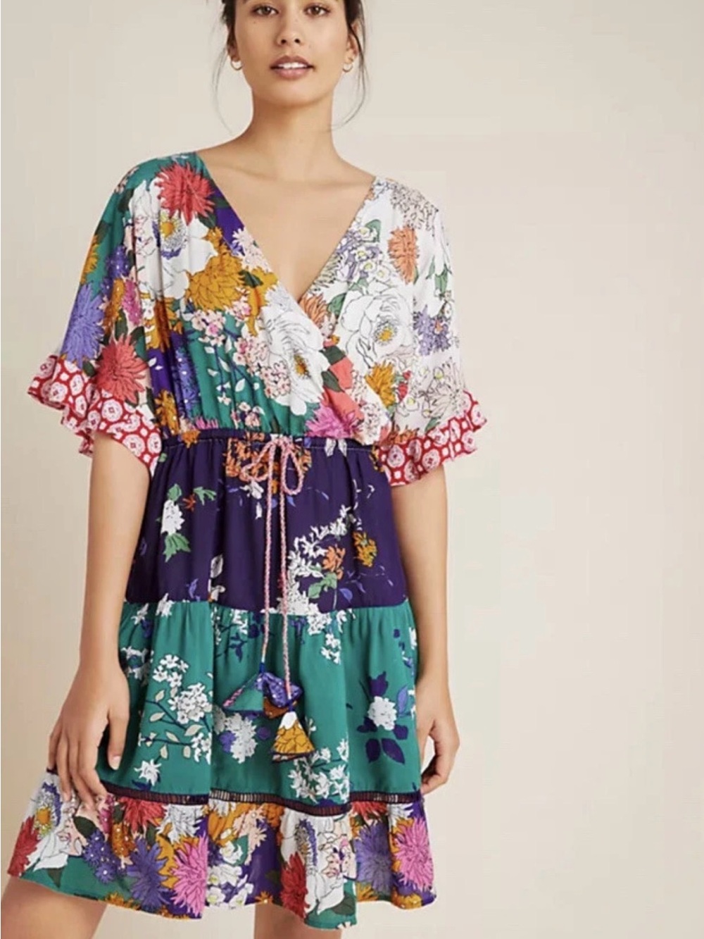 Anthropologie Nettie Tiered Mini Floral Wrap Ruffle Boho Dress XS